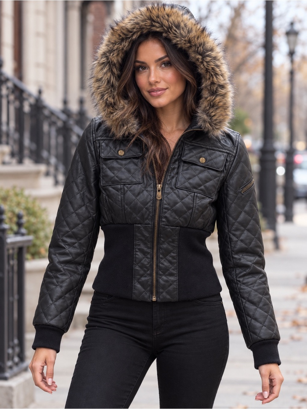 Sean John Genuine Leather Quilted Faux-Fur Hood Jacket, Black, Size S